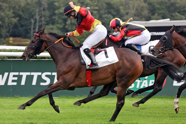 September 19, 2026, Hoppegarten, Brandenburg, GER Sky Emperor with Nora Cronauer wins at the Hoppegarten Racetrack Horse, jockey, Sky Emperor, Cronauer, victory, finish line, finish, Fegentri 260919D506HOPPEGARTEN JPG