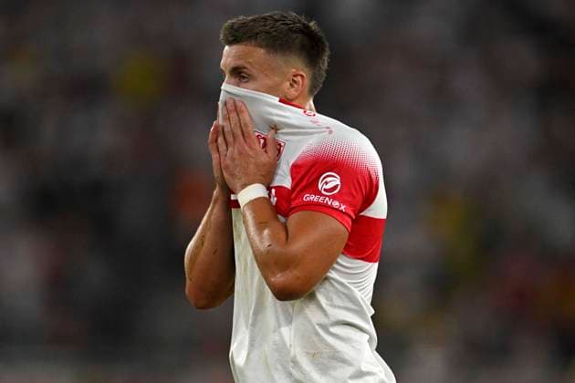September 19, 2026, Soccer: 1. Bundesliga 2026–2027, Matchday 4, VfB Stuttgart vs. Borussia Dortmund, at the MHP Arena in Stuttgart, Ermedin Demirovic unhappy with Stuttgart