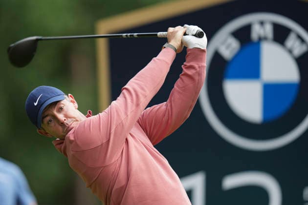 VIRGINIA WATER, ENGLAND - SEPTEMBER 19: Rory McIlroy (IRE) plays from the twelfth tee during Round 3 at the BMW PGA, Golf Herren Championship at Wentworth Golf Club, Virginia Water on September 19, 2026 in Surrey, England The BMW PGA Championship