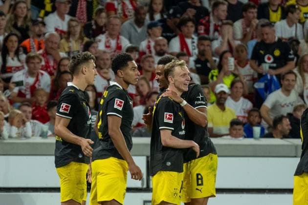 September 19, 2026: VfB Stuttgart vs. Borussia Dortmund, Matchday 4 of the Bundesliga at the MHP Arena: Maximilian Beier of Borussia Dortmund celebrates his goal, 14, after scoring the 1–0 goal for Dortmund. IMPORTANT NOTICE: In accordance with DFL and DFB regulations, it is prohibited to use or allow the use of photographs taken in the stadium and or during the game in the form of sequential images and or video-like photo sequences Copyright: xJamesxZabelx