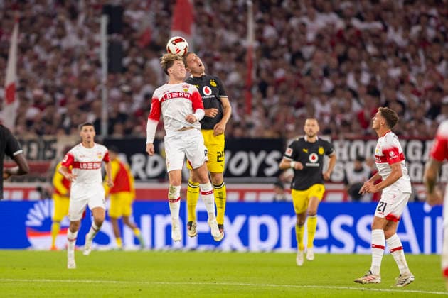 September 19, 2026, Soccer, Matchday 4 of the 1st Bundesliga, VfB Stuttgart vs. Borussia Dortmund; Angelo Stiller (VfB Stuttgart), Joey Veerman (Borussia Dortmund); Stuttgart, MHP Arena, Baden-Württemberg, Germany; xRHR PHOTO DEx Copyright: DennisxEwert RHR-FOTOx RHR-FOTO DE