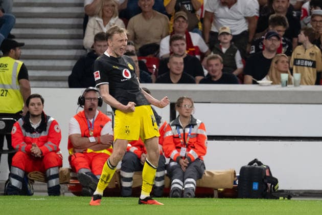 September 19, 2026, GER, Soccer, Men s, Bundesliga 1, 2026–2027 Season, Matchday 4, VfB Stuttgart vs. Borussia Dortmund; Goal to make it 0–1 by Maximilian Beier (Borussia Dortmund), 14; Celebrations; Goal celebrations; Celebrating his goal; DFB and DFL regulations prohibit any use of photographs as image sequences and or quasi-video; Stuttgart; MHP Arena; Baden-Württemberg; Germany Copyright: xNordphoto WolfgangxFrankx
