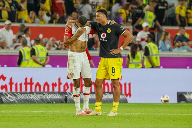 Josha Vagnoman (VfB Stuttgart, 04) and Felix Nmecha (BVB Dortmund, 08) after the game, Germany, soccer, Bundesliga 1, Matchday 4, 2026–2027, VfB Stuttgart vs. Borussia Dortmund, September 19, 2026, Stuttgart MHP Arena, Germany Copyright: xGrantxHubbsx