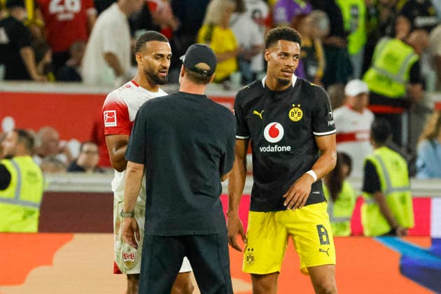 Josha Vagnoman (VfB Stuttgart), 04; Sebastian Hoeneß (Hoeness, VfB Stuttgart), coach; and Felix Nmecha (BVB Dortmund), 08, after the game; Germany; soccer; Bundesliga 1; Matchday 4; 2026–2027; VfB Stuttgart vs. Borussia Dortmund, September 19, 2026, Stuttgart MHP Arena, Germany Copyright: xGrantxHubbsx