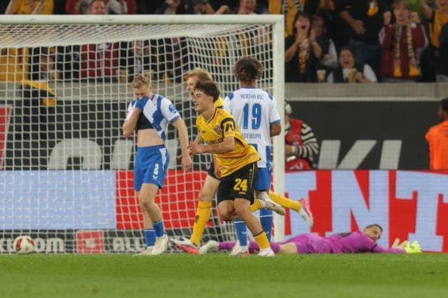 September 19, 2026, xtgx, Soccer 2. Bundesliga, SG Dynamo Dresden vs. Hertha BSC Berlin, from left: Patrice Covic (Dresden), 24, celebrating, Goal celebration, celebrating the goal, DFL and DFB regulations prohibit any use of photographs as image sequences and or quasi-video footage in Dresden