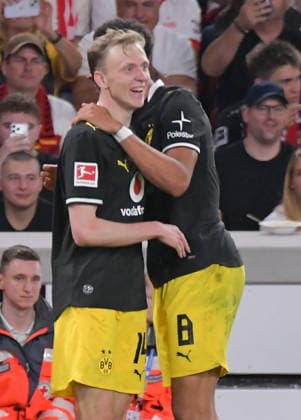 September 19, 2026, xblx, Soccer, Bundesliga 1, VfB Stuttgart vs. Borussia Dortmund, Maximilian Beier (Borussia Dortmund), bbv08, Goal scored, Goal making it 0–1, celebrating the goal, goal celebration, celebration, celebrate, celebrating, DFL and DFB regulations prohibit any use of photographs as image sequences and or quasi-video, Stuttgart