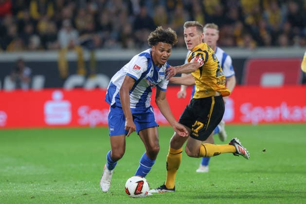 September 19, 2026, xtgx, Soccer 2. Bundesliga, SG Dynamo Dresden vs. Hertha BSC Berlin, from left: Oluwaseun Adewumi (Hertha), 19, Niklas Hauptmann (Dresden), 27, tackle, duel, battle, DFL DFB REGULATIONS PROHIBIT ANY USE OF PHOTOGRAPHS AS IMAGE SEQUENCES AND OR QUASI-VIDEO, Dresden