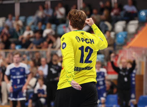 GER HBL2 2026–2027 Season: VfL Potsdam vs. EULEN Ludwigshafen, September 19, 2026, MBS Arena, Potsdam. Maximilian GRUNDMANN (1, VfL Potsdam 12) celebrates after a successful save; fist pump; emotion