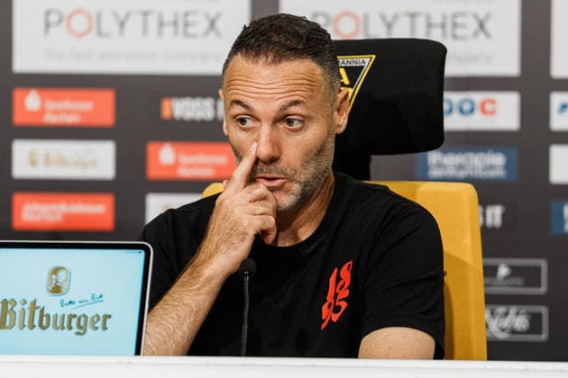 Germany Soccer 3rd Division 2026–2027, Matchday 7: Alemannia Aachen vs. Fortuna Düsseldorf at Tivoli Aachen; Alexander Ende, Fortuna Düsseldorf coach, at the postgame press conference (PK), looking serious, facial expressions, pensive, analysis Copyright: xThiemoxRudolphx