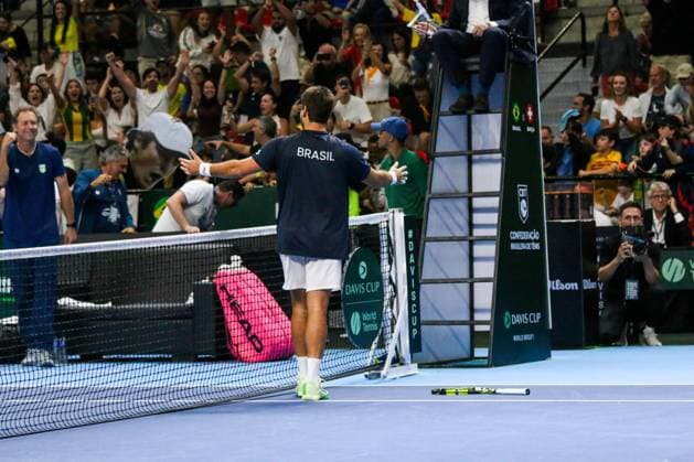 RECORD DATE NOT STATED Copa Davis - Orlando Luz and Rafael Matos (Brazil) vs. Jakub Paul and Dominic Stricker (Switzerland) Rio de Janeiro (RJ) 19 09 2026- Davis Cup Brazil Switzerland Tennis - Players and members of the Brazilian team celebrate the victory over Switzerland and qualification for the elite of the Davis Cup in 2027, this Saturday (19), at the Farmasi Arena, in Rio de Janeiro.(Foto: Lucas Simonin Gomes Thenews2 imago images) SPO  Copyright: xLucasxSimoninxGomesx