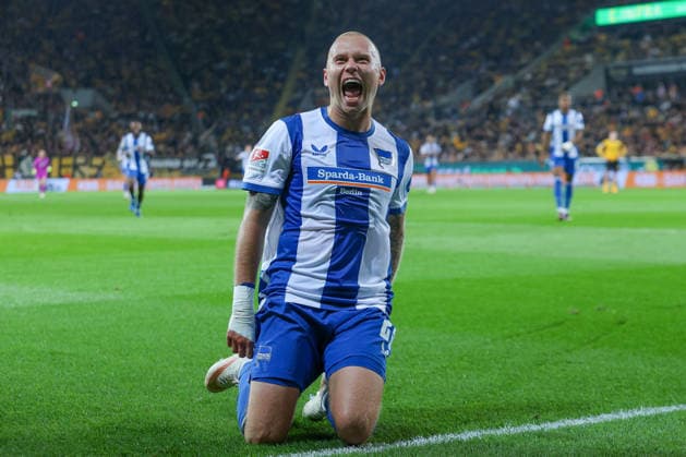 September 19, 2026, xtgx, Soccer, 2. Bundesliga, Dynamo Dresden vs. Hertha BSC Berlin, T1, 2, Cheering, Goal celebration, celebrating the goal, celebration after the 1–2 goal by Jon Dagur Thorsteinsson (Hertha), 23 DFL DFB REGULATIONS PROHIBIT ANY USE OF PHOTOGRAPHS as IMAGE SEQUENCES and or QUASI-VIDEO Dresden