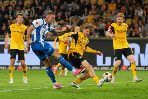 September 19, 2026, xtgx, Soccer, 2. Bundesliga, Dynamo Dresden vs. Hertha BSC Berlin, Gustaf Nilsson (Hertha), 9, Till Neininger (Dresden), 34 Tackle, duel, battle, DFL and DFB regulations prohibit any use of photographs as image sequences and or quasi-video, Dresden