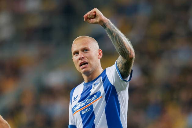 September 19, 2026, xtgx, Soccer, 2. Bundesliga, Dynamo Dresden vs. Hertha BSC Berlin, Jon Dagur Thorsteinsson (Hertha), 23 Cheering, goal celebration, celebrating the goal, DFL and DFB regulations prohibit any use of photographs as image sequences and or quasi-video footage Dresden