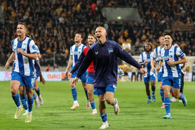 Germany, 2. Bundesliga 2026–2027, Matchday 7, Dynamo Dresden vs. Hertha BSC, Rudolf Harbig Stadium, Dresden; Jon Dagur Thorsteinsson of Hertha BSC celebrates after the victory, 23 Copyright: xLucasxWalterx