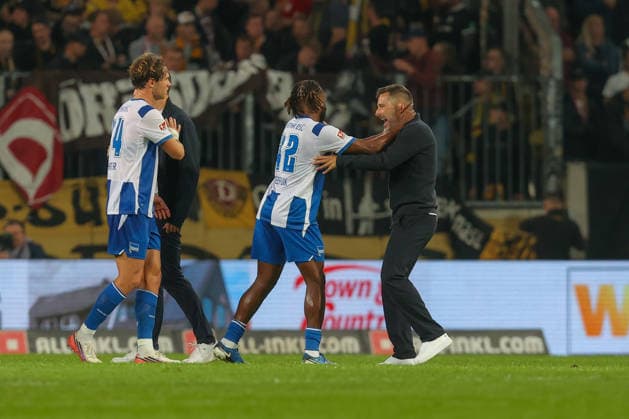 September 19, 2026, xtgx, Soccer, 2. Bundesliga, Dynamo Dresden vs. Hertha BSC Berlin, Deyovaisio Zeefuik (Hertha), 42, Stefan Leitl (Hertha), Coach celebrating the victory, Celebrations after the final whistle. DFL and DFB regulations prohibit any use of photographs as image sequences and or quasi-video. Dresden
