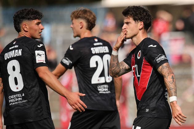 September 19, 2026, xsefx, Soccer, FC Viktoria Köln vs. FC Ingolstadt 04, 3rd Division, Sportpark Höhenberg, Matchday 7, 2026–2027 Season: Goal celebration after Niklas Castelle (FC Viktoria Köln 44) scored the 1–0 goal, together with Taylan Duman (FC Viktoria Köln 08). DFB regulations prohibit any use of photographs as image sequences and or quasi-video. North Rhine-Westphalia, Germany