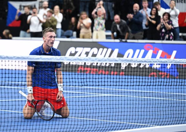 2026 Davis Cup men s team tennis World Championship, WM, Weltmeisterschaft match between the Czech Republic and the United States in Prague, Czech Republic, on September 19, 2026. Match Jiri Lehecka of Czech Republic celebrates victtory against Learner Tien of USA. Czechs defeated the USA 3-2 in the tennis Davis Cup 2nd round qualifier in Prague today and have advanced to the finals, after they lost the doubles and after Jakub Mensik and Jiri Lehecka defeated American Ben Shelton and Learner Tien in the singles (CTKxPhoto MichaelaxRihova) CTKPhotoP2026091906323  CTKPhotoP2026091906323