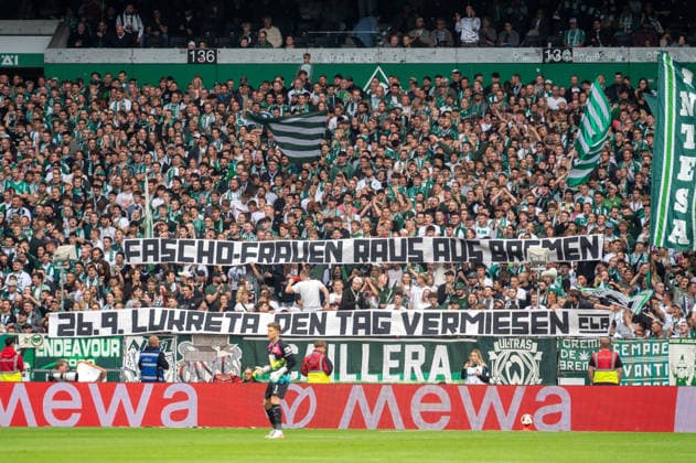 German Soccer Bundesliga 1, Matchday 4, 2026–2027, Werder Bremen vs. FC Augsburg on September 19, 2026, at the Weserstadion in Bremen—fans, banners, flags, and signs reading Fascists, women out of Bremen! September 26—ruin Lukreta’s day Copyright: xSvenxHeidmannx