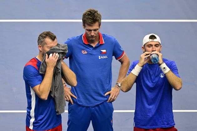 2026 Davis Cup men s team tennis World Championship, WM, Weltmeisterschaft match between the Czech Republic and the United States in Prague, Czech Republic, on September 19, 2026. Tennis doubles match Adam Pavlasek (left) and Patrik Rikl (right) of Czech Republic vs. Christian Harrison, Austin Krajicek of USA. Centre is non-playing captain Tomas Berdych. USA beats Czechs in Davis Cup qualifier doubles, leads 2-1. (CTKxPhoto RomanxVondrous) CTKPhotoP2026091904373  CTKPhotoP2026091904373