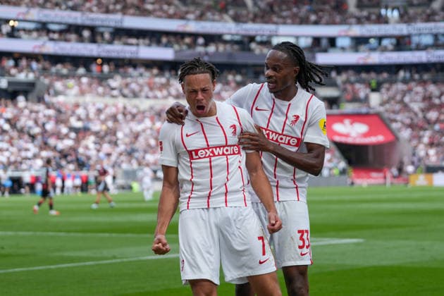 Derry Scherhant, SC Freiburg, 07; Jordy Makengo, SC Freiburg, 33; goal celebration; emotions; shot on goal; finish; goal scored; goal; hit; Germany; soccer; Bundesliga 1; Matchday 4; 2026–2027, Eintracht Frankfurt vs. SC Freiburg, September 19, 2026, Deutsche Bank Park, Frankfurt, Frankfurt, Deutsche Bank Park, Hesse, Germany Copyright: xArnexAmbergx