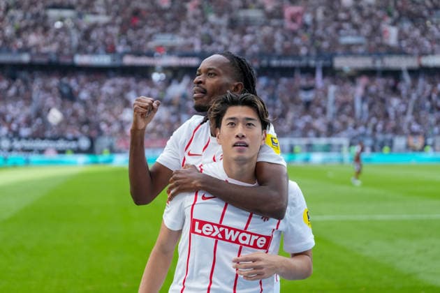 Jordy Makengo, SC Freiburg, 33; Yuito Suzuki, SC Freiburg, 14; goal celebration, emotions, shot on goal, finish, goal scored, goal, hit; Germany, soccer, Bundesliga 1, Matchday 4, 2026–2027, Eintracht Frankfurt vs. SC Freiburg, September 19, 2026, Deutsche Bank Park, Frankfurt, Frankfurt, Deutsche Bank Park, Hesse, Germany Copyright: xArnexAmbergx