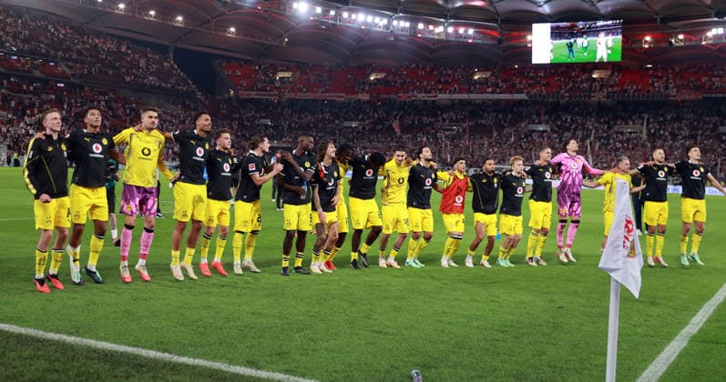 September 19, 2026 VfB Stuttgart vs. Borussia Dortmund Germany, Stuttgart, September 19, 2026, Soccer, Bundesliga, 2026–2027 Season, VfB Stuttgart vs. Borussia Dortmund: Players from Borussia Dortmund celebrating at the end of the match