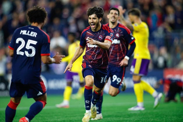 September 19, 2026; Foxborough, Massachusetts, USA; New England Revolution midfielder Carles Gil (10) celebrates a goal with New England Revolution defender Peyton Miller (25) in a Major League Soccer game against Orlando City SC at Gillette Stadium. (c) CSM - ZUMAc04_ 20260919_zma_c04_317 Copyright: xBurtxGranofskyx