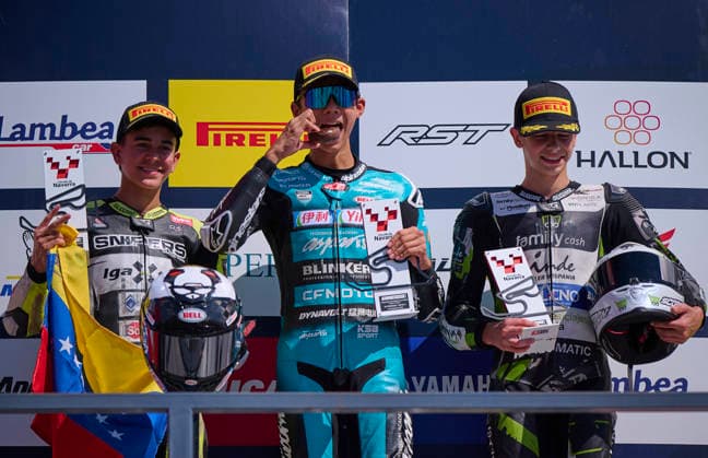 (260920) -- NAVARRA, Sept. 20, 2026 -- (L to R)Igax Team Snipers rider Diego Gonzalez, CFMOTO Aspar Sun s rider Shengbo of China and Family Racing Team s rider Fermin Valero pose at the podium after the race 1 of the ESBK Talent category at the 2026 Spanish Superbike Championship Navarra in Navarra, Spain, Sept. 19, 2026. (Photo by Xinhua) (SP)SPAIN-NAVARRA-ESBK TALENT-RACE 1 PabloxMorano 