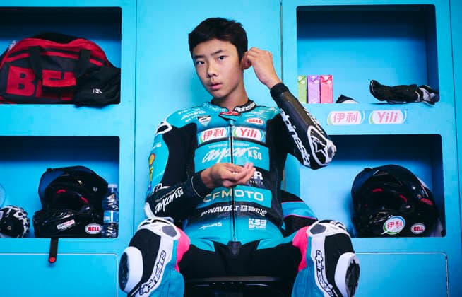 (260920) -- NAVARRA, Sept. 20, 2026 -- CFMOTO Aspar s rider Sun Shengbo of China prepares before the race 1 of the ESBK Talent category at the 2026 Spanish Superbike Championship Navarra in Navarra, Spain, Sept. 19, 2026. (Photo by Xinhua) (SP)SPAIN-NAVARRA-ESBK TALENT-RACE 1 PabloxMorano 