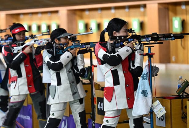 (260920) -- NAGOYA, Sept. 20, 2026 -- Wang Zifei (R) of team China competes during the 10m air rifle women team final of shooting at the 20th Asian Games Aichi-Nagoya 2026 in Toyota of Aichi Prefecture, Japan, Sept. 20, 2026. ) (SP)JAPAN-NAGOYA-ASIAN GAMES-SHOOTING-10M AIR RIFLE WOMEN TEAM LiuxLei 