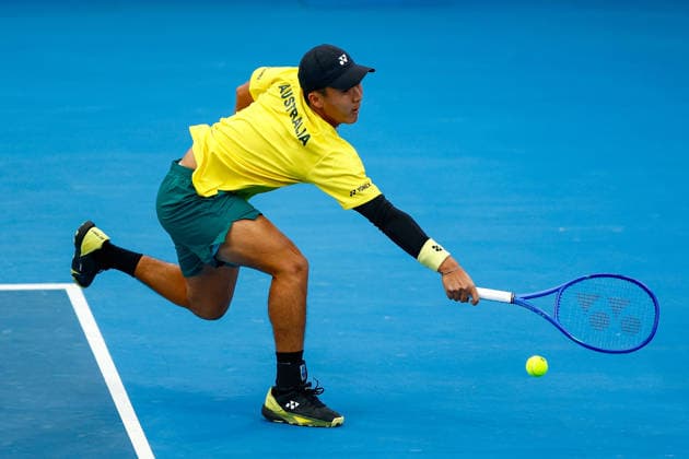 TENNIS DAVIS CUP AUSTRALIA POLAND, Rinky Hijikata of Australia plays a backhand during a Doubles match against Jan Zielinski and Karol Drzewiecki of Poland during the Davis Cup match between Australia and Poland at Pat Rafter Arena in Brisbane, Sunday, September 20, 2026. ( NO ARCHIVING, EDITORIAL USE ONLY  Copyright: xRUSSELLxFREEMANx 20260920152962241021