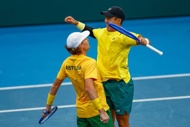 TENNIS DAVIS CUP AUSTRALIA POLAND, Max Purcell and Rinky Hijikata of Australia celebrate winning match point during a Doubles match against Jan Zielinski and Karol Drzewiecki of Poland during the Davis Cup match between Australia and Poland at Pat Rafter Arena in Brisbane, Sunday, September 20, 2026. ( NO ARCHIVING, EDITORIAL USE ONLY  Copyright: xRUSSELLxFREEMANx 20260920172879645572