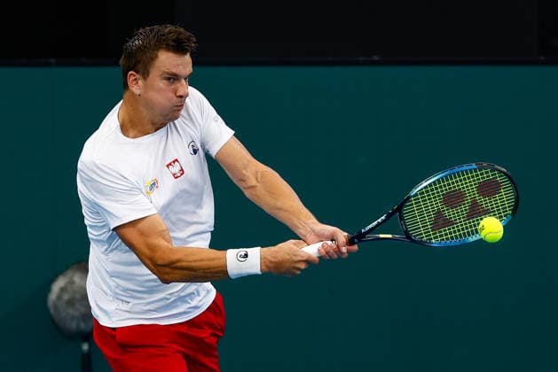 TENNIS DAVIS CUP AUSTRALIA POLAND, Karol Drzewiecki of Poland plays a backhand during a Doubles match against Max Purcell and Rinky Hijikata of Australia during the Davis Cup match between Australia and Poland at Pat Rafter Arena in Brisbane, Sunday, September 20, 2026. ( NO ARCHIVING, EDITORIAL USE ONLY  Copyright: xRUSSELLxFREEMANx 20260920176106815735