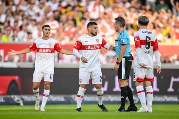 Bilal El Khannouss (VfB Stuttgart), Deniz Undav (VfB Stuttgart), referee Tobias Stieler, and Angelo Stiller (VfB Stuttgart) gesturing during the Bundesliga 1 match between VfB Stuttgart and Borussia Dortmund, at the MHP Arena on September 19, 2026, in Stuttgart, Germany. Photo by Harry Langer, DeFodi Images. Bilal El Khannouss (VfB Stuttgart), Deniz Undav (VfB Stuttgart), referee Tobias Stieler, and Angelo Stiller (VfB Stuttgart) gesturing during the Bundesliga match between VfB Stuttgart and Borussia Dortmund at the MHP Arena on September 19, 2026, in Stuttgart, Germany. Photo by Harry Langer, DeFodi Images. DFB and DFL regulations prohibit any use of photographs as image sequences and or quasi-video. Photo by Harry Langer, DeFodi Images. DFB and DFL regulations prohibit any use of photographs as imSEQUENCES AND OR QUASI-VIDEO