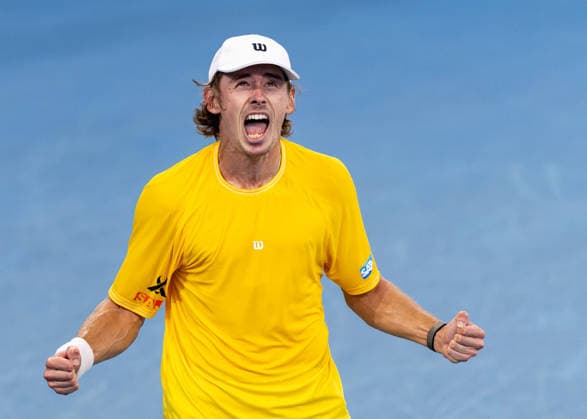 September 20, 2026, Brisbane, Qld, Australia: ALEX DE MINAUR of Australia celebrates winning the fourth match to secure the Davis Cup World Group 1 tie against Poland for Australia. Brisbane Australia - ZUMAt173 20260920_zsp_t173_001 Copyright: xStephanexThomasx