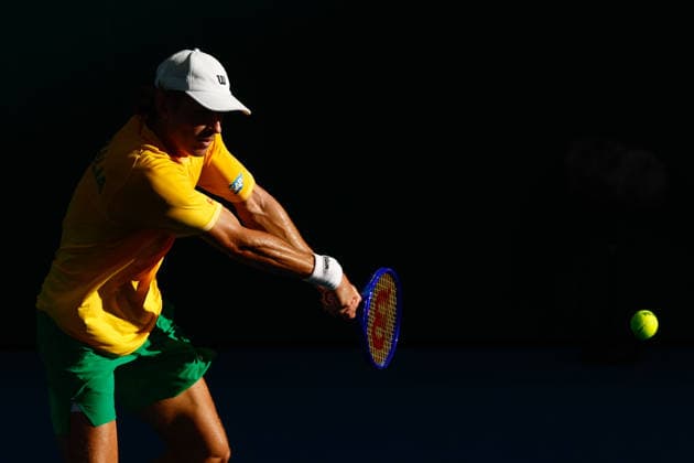 TENNIS DAVIS CUP AUSTRALIA POLAND, Alex de Minaur of Australia plays a backhand during his match against Kamil Majchrzak of Poland during the Davis Cup match between Australia and Poland at Pat Rafter Arena in Brisbane, Sunday, September 20, 2026. ( NO ARCHIVING, EDITORIAL USE ONLY  Copyright: xRUSSELLxFREEMANx 20260920129809195000