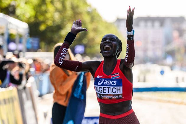 September 20, 2026: Agnes Jebet Ngetich of Kenya celebrates after the Copenhagen Half Marathon at the World Athletics Road Running Championships on September 20, 2026 in Copenhagen. Photo by Mathilda Schuler, BILDBYRAN, code MA MA1036. track and field, athletics, friidrett, World Athletics Road Running Championships, Copenhagen Half Marathon 2026, BBeng Half Marathon, celebration Copyright: MATHILDAxSCHULER BB260920MA023