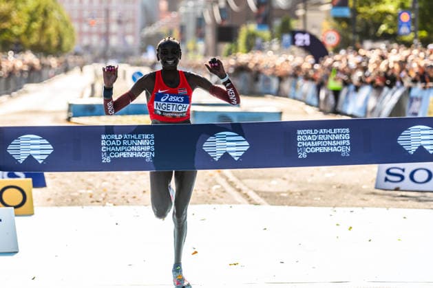 September 20, 2026: Agnes Jebet Ngetich of Kenya celebrates after the Copenhagen Half Marathon at the World Athletics Road Running Championships on September 20, 2026 in Copenhagen. Photo by Mathilda Schuler, BILDBYRAN, code MA MA1036. track and field, athletics, friidrett, World Athletics Road Running Championships, Copenhagen Half Marathon 2026, BBeng Half Marathon, celebration Copyright: MATHILDAxSCHULER BB260920MA024