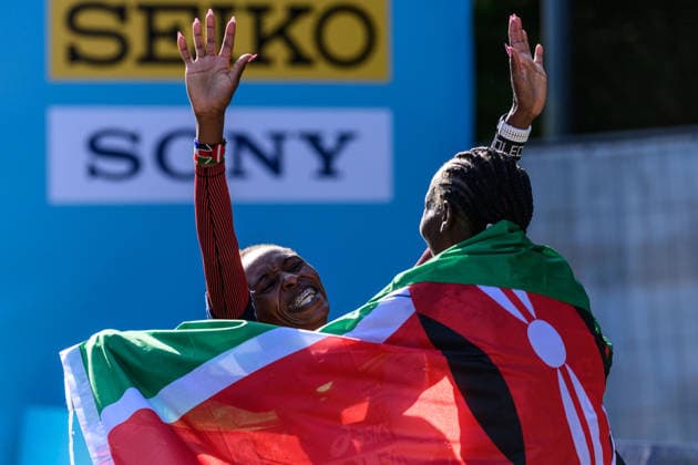 September 20, 2026: Veronica Loleo of Kenya and Agnes Jebet Ngetich of Kenya celebrate during the Copenhagen Half Marathon at the World Athletics Road Running Championships on September 20, 2026 in Copenhagen. Photo by Mathilda Schuler, BILDBYRAN, code MA MA1036. athletics, world athletics road running championships, Copenhagen Half Marathon 2026, BBENG Half Marathon, celebration  Copyright: MATHILDAxSCHULER BB260920MA027