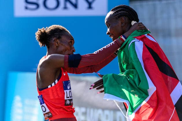 September 20, 2026: Veronica Loleo of Kenya and Agnes Jebet Ngetich of Kenya celebrate during the Copenhagen Half Marathon at the World Athletics Road Running Championships on September 20, 2026 in Copenhagen. Photo by Mathilda Schuler. BILDBYRAN code MA MA1036 athletics world athletics road running championships Copenhagen Half Marathon 2026 BBENG Half Marathon celebration  Copyright: MATHILDAxSCHULER BB260920MA028