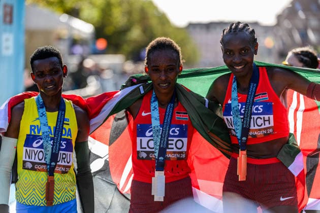 September 26, 2020: Florence Niyonkuru of Rwanda, Veronica Loleo of Kenya, and Agnes Jebet Ngetich of Kenya celebrate after the Copenhagen Half Marathon at the World Athletics Road Running Championships on September 20, 2026 in Copenhagen. Photo by Mathilda Schuler. BILDBYRAN code MA MA1036 athletics world athletics road running championships copenhagen half marathon 2026 bbeng half marathon celebration  Copyright: MATHILDAxSCHULER BB260920MA029