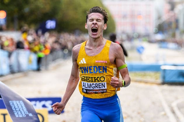 September 20, 2026: Andreas Almgren of Sweden celebrates after the Copenhagen Half Marathon at the World Athletics Road Running Championships on September 20, 2026 in Copenhagen. Photo by Mathilda Schuler, BILDBYRAN, code MA MA1036. track and field, athletics, friidrett, World Athletics Road Running Championships, Copenhagen Half Marathon 2026, BBENG Half Marathon, celebration Copyright: MATHILDAxSCHULER BB260920MA037