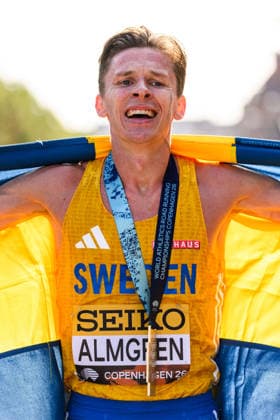 September 20, 2026: Andreas Almgren of Sweden celebrates after the Copenhagen Half Marathon at the World Athletics Road Running Championships on September 20, 2026 in Copenhagen. Photo by Mathilda Schuler, BILDBYRAN, code MA MA1036. athletics, friidrett, World Athletics Road Running Championships, Copenhagen Half Marathon 2026, BBENG Half Marathon, celebration  Copyright: MATHILDAxSCHULER BB260920MA038