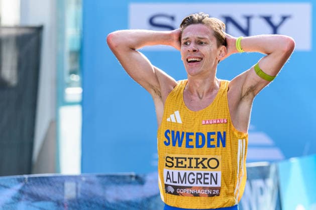 September 20, 2026: Andreas Almgren of Sweden celebrates after the Copenhagen Half Marathon at the World Athletics Road Running Championships on September 20, 2026 in Copenhagen. Photo: Mathilda Schuler, BILDBYRAN, code MA MA1036. track and field, athletics, friidrett, World Athletics Road Running Championships, Copenhagen Half Marathon 2026, BBENG Half Marathon, celebration Copyright: MATHILDAxSCHULER BB260920MA045