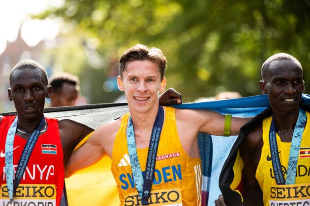 September 20, 2026: Nicholas Kipkorir of Kenya, Andreas Almgren of Sweden, and Tadese Worku of Ethiopia celebrate after the Copenhagen Half Marathon at the World Athletics Road Running Championships on September 20, 2026 in Copenhagen. Photo by Mathilda Schuler, BILDBYRAN, code MA MA1036. athletics, world athletics road running championships, Copenhagen Half Marathon 2026, bbeng, half marathon, celebration Copyright: MATHILDAxSCHULER BB260920MA047