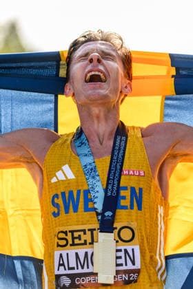 September 20, 2026: Andreas Almgren of Sweden celebrates after the Copenhagen Half Marathon at the World Athletics Road Running Championships on September 20, 2026 in Copenhagen. Photo by Mathilda Schuler, BILDBYRAN, code MA MA1036. track and field, athletics, friidrett, World Athletics Road Running Championships, Copenhagen Half Marathon 2026, BBENG Half Marathon, celebration Copyright: MATHILDAxSCHULER BB260920MA051
