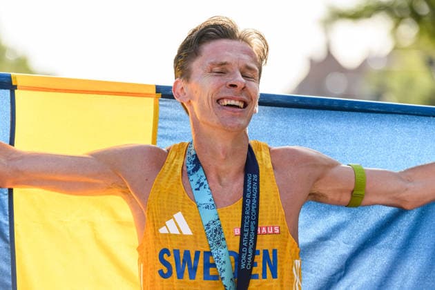 September 20, 2026: Andreas Almgren of Sweden celebrates after the Copenhagen Half Marathon at the World Athletics Road Running Championships on September 20, 2026 in Copenhagen. Photo by Mathilda Schuler, BILDBYRAN, code MA MA1036. track and field, athletics, friidrett, World Athletics Road Running Championships, Copenhagen Half Marathon 2026, BBENG Half Marathon, celebration Copyright: MATHILDAxSCHULER BB260920MA061