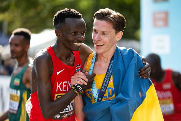 September 20, 2026: Andreas Almgren of Sweden celebrates after the Copenhagen Half Marathon at the World Athletics Road Running Championships on September 20, 2026 in Copenhagen. Photo by Mathilda Schuler, BILDBYRAN, code MA MA1036. track and field, athletics, friidrett, World Athletics Road Running Championships, Copenhagen Half Marathon 2026, BBENG Half Marathon, celebration Copyright: MATHILDAxSCHULER BB260920MA065
