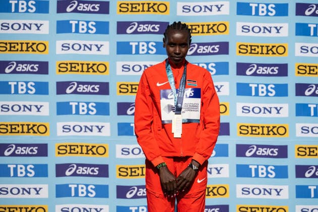 September 20, 2026: Agnes Jebet Ngetich of Kenya on the podium after the Copenhagen Half Marathon at the World Athletics Road Running Championships on September 20, 2026 in Copenhagen. Photo by Mathilda Schuler. BILDBYRAN code MA MA1036. track and field, athletics, friidrett, World Athletics Road Running Championships, Copenhagen Half Marathon 2026, BBeng Half Marathon  Copyright: MATHILDAxSCHULER BB260920MA068