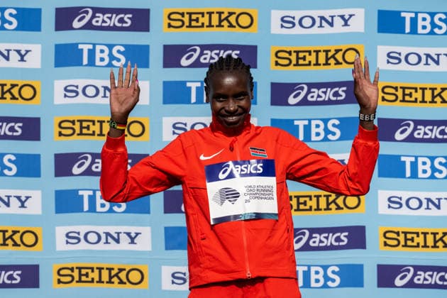 September 20, 2026: Agnes Jebet Ngetich of Kenya celebrates on the podium after the Copenhagen Half Marathon at the World Athletics Road Running Championships on September 20, 2026 in Copenhagen. Photo by Mathilda Schuler. BILDBYRAN code MA MA1036. athletics, World Athletics Road Running Championships, Copenhagen Half Marathon 2026, BBENG Half Marathon, celebration  Copyright: MATHILDAxSCHULER BB260920MA069